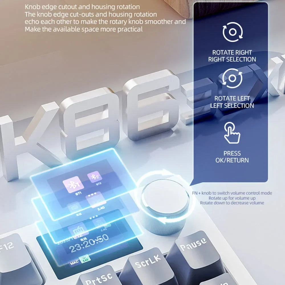 لوحة مفاتيح ميكانيكية Attack Shark K86 بمقبض معدني، شاشة TFT، تبديل سريع، إضاءة RGB، بلوتوث/لاسلكي، لوحة مفاتيح ألعاب بوظائف الماكرو