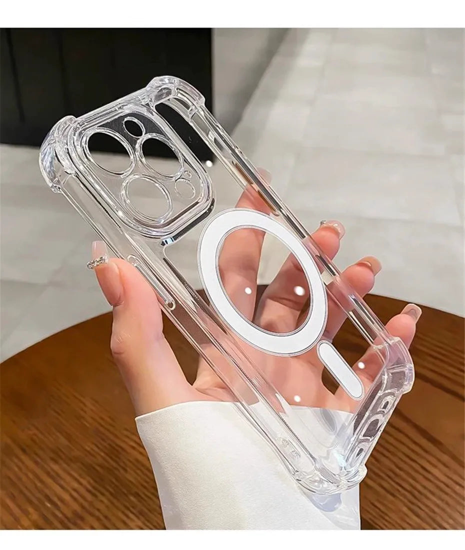 غطاء فاخر شفاف مزود بحلقة مغناطيسية للشحن اللاسلكي متوافق مع MagSafe، متوافق مع iPhone 11، 12، 13، 14، 15، 16 Pro Max Plus – واقٍ للصدمات بحواف معززة