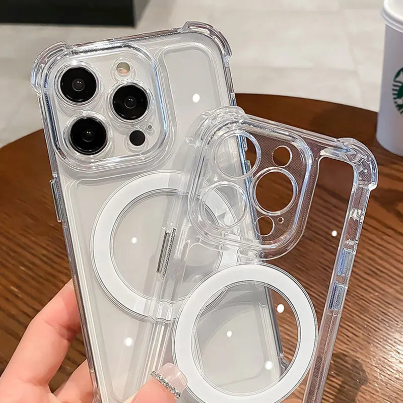 غطاء فاخر شفاف مزود بحلقة مغناطيسية للشحن اللاسلكي متوافق مع MagSafe، متوافق مع iPhone 11، 12، 13، 14، 15، 16 Pro Max Plus – واقٍ للصدمات بحواف معززة