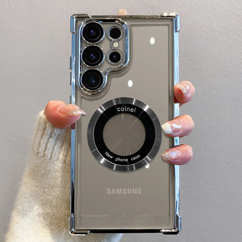 غطاء شحن لاسلكي مغناطيسي فاخر مطلي لهواتف سامسونج S25 S24 Ultra S23 FE S22 Plus S21 Note 20 مع حماية شفافة للعدسة
