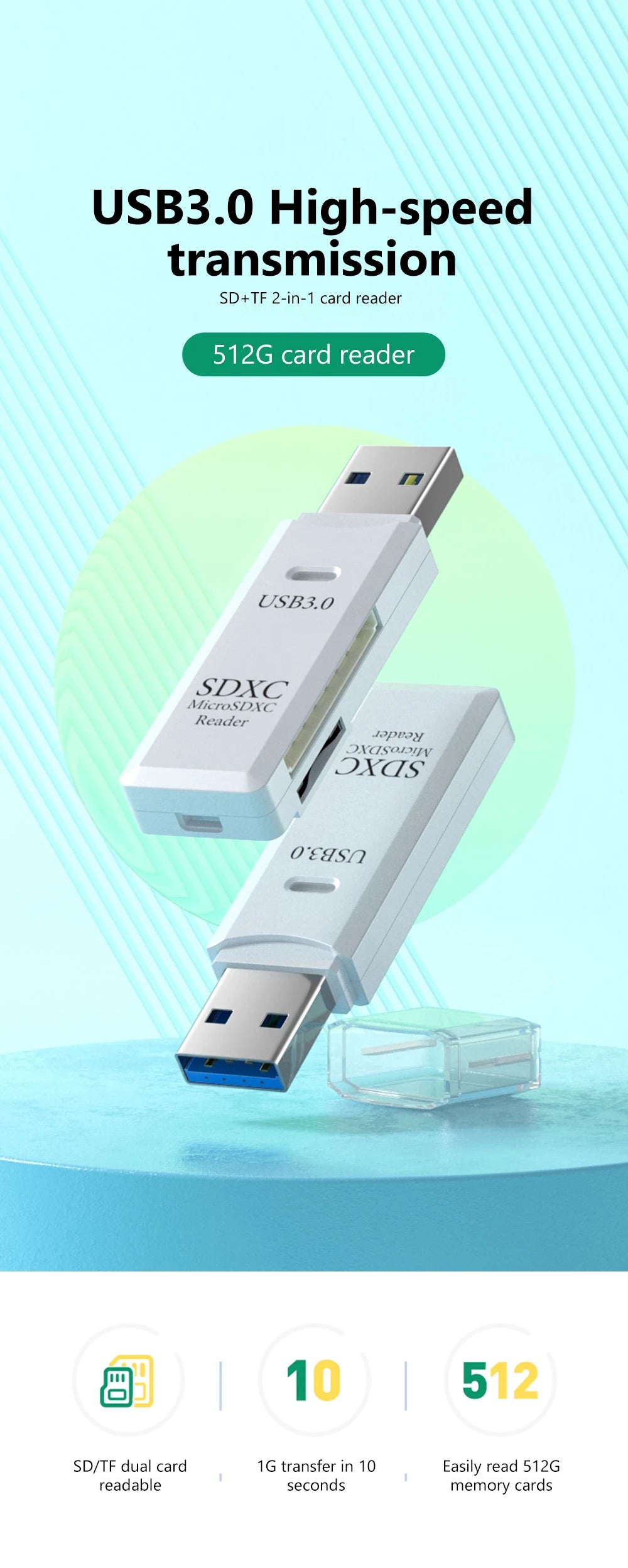 قارئ بطاقات USB 3.0 لبطاقات SD وTF - قارئ بطاقات الذاكرة 2 في 1 عالي السرعة - محول قارئ بطاقات ذكية لأجهزة الكمبيوتر والكمبيوتر المحمول