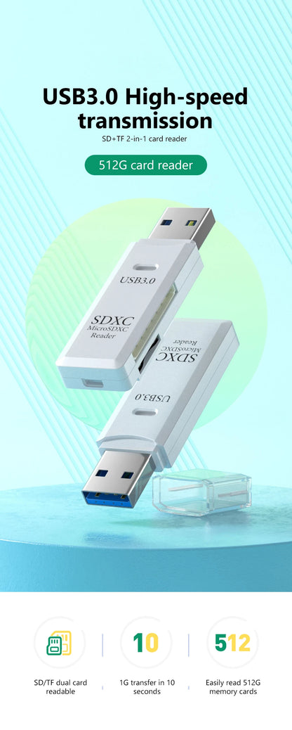 قارئ بطاقات USB 3.0 لبطاقات SD وTF - قارئ بطاقات الذاكرة 2 في 1 عالي السرعة - محول قارئ بطاقات ذكية لأجهزة الكمبيوتر والكمبيوتر المحمول