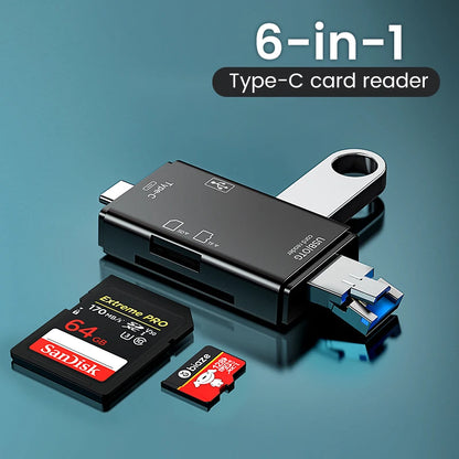 قارئ بطاقات الذاكرة متعددة الوظائف 6 في 1 OTG قارئ بطاقات SD USB2.0 Type-C/TF/SD محول ذكي لبطاقات الذاكرة