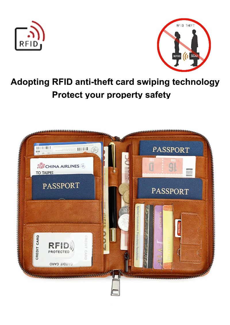 محفظة جواز السفر الجديدة للنساء والرجال متعددة الوظائف من جلد البولي يوريثان RFID لمكافحة سرقة البطاقات أكياس تخزين