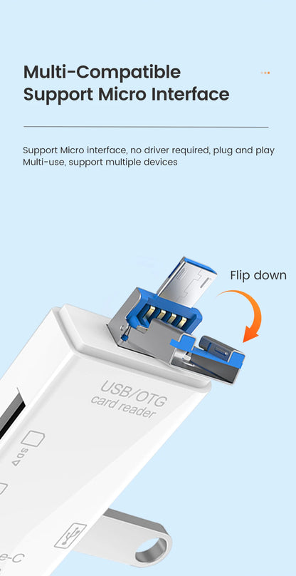 قارئ بطاقات الذاكرة متعددة الوظائف 6 في 1 OTG قارئ بطاقات SD USB2.0 Type-C/TF/SD محول ذكي لبطاقات الذاكرة
