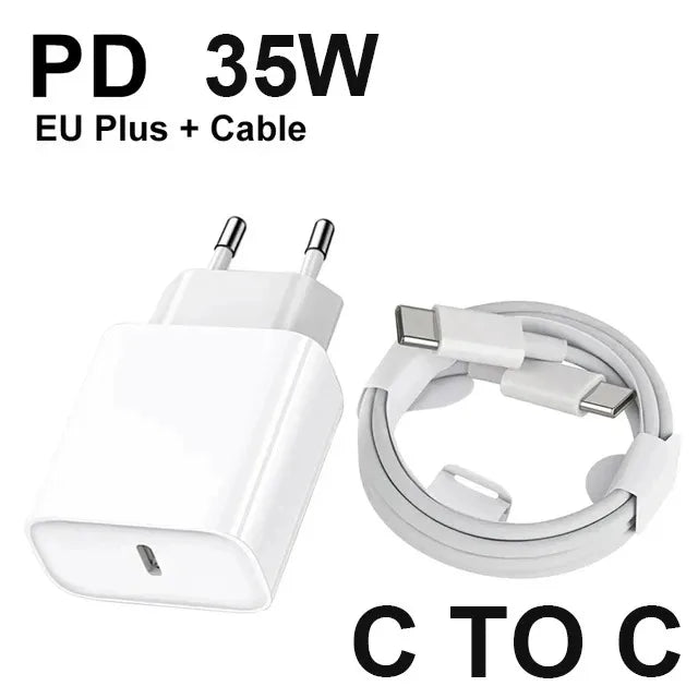 شاحن أصلي سريع PD 35 وات EU US لآيفون 16 15 14 13 11 12 برو ماكس بلس XS XR X مع كابل USB C شحن سريع تايب سي