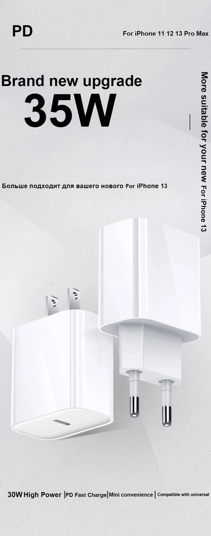 شاحن أصلي سريع PD 35 وات EU US لآيفون 16 15 14 13 11 12 برو ماكس بلس XS XR X مع كابل USB C شحن سريع تايب سي