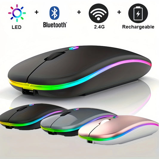 ماوس لاسلكي بلوتوث و 2.4 جيجاهرتز وضعين مزدوجين قابل للشحن RGB مريح نقرة صامتة للكمبيوتر