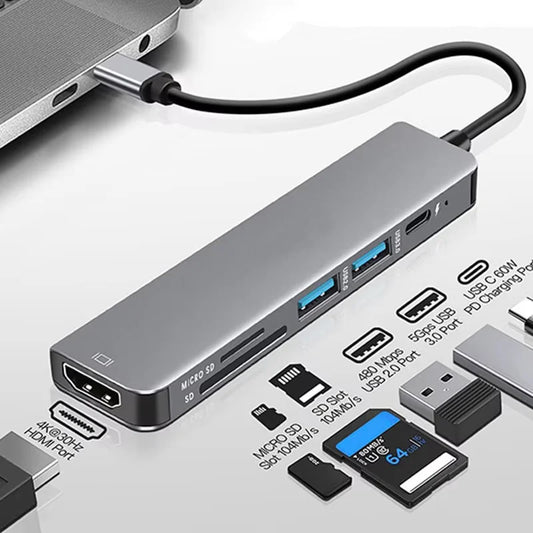 محول USB C بـ 6 منافذ إلى HDMI 4K - قارئ بطاقات SD وTF - هاب USB 3.0 و2.0 - محطة شحن Type C متوافقة مع MacBook وiPad وSamsung