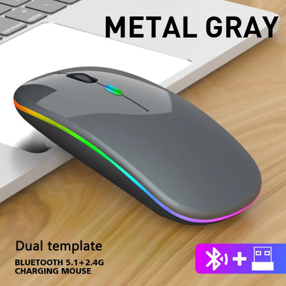 ماوس لاسلكي بلوتوث و 2.4 جيجاهرتز وضعين مزدوجين قابل للشحن RGB مريح نقرة صامتة للكمبيوتر