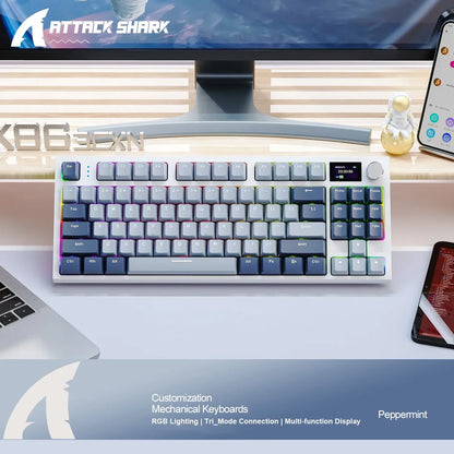 لوحة مفاتيح ميكانيكية Attack Shark K86 بمقبض معدني، شاشة TFT، تبديل سريع، إضاءة RGB، بلوتوث/لاسلكي، لوحة مفاتيح ألعاب بوظائف الماكرو