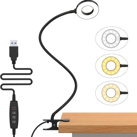 مصباح قراءة LED بمشبك - 3 ألوان و 10 مستويات إضاءة - مصباح مكتب برقبة مرنة - مصباح كتاب للأطفال - إضاءة ليلية للقراءة