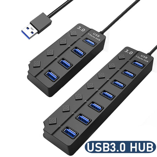 محول طاقة USB 3.0 موزع متعدد المنافذ 4/7 منفذ هاب USB 2.0 موسع متعدد مع مفتاح وكابل 30 سم محطة إرساء