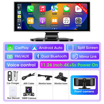 كاميرا تسجيل السيارة 4K بشاشة 10/11.26 بوصة مع كاربلاي لاسلكي وأندرويد أوتو ونظام ملاحة GPS ومسجل فيديو لوحة القيادة بعدستين مزدوجتين مع واي فاي وFM وAUX