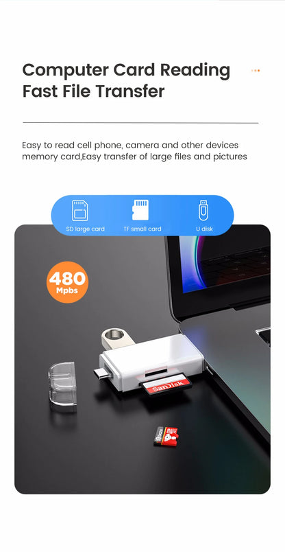 قارئ بطاقات الذاكرة متعددة الوظائف 6 في 1 OTG قارئ بطاقات SD USB2.0 Type-C/TF/SD محول ذكي لبطاقات الذاكرة