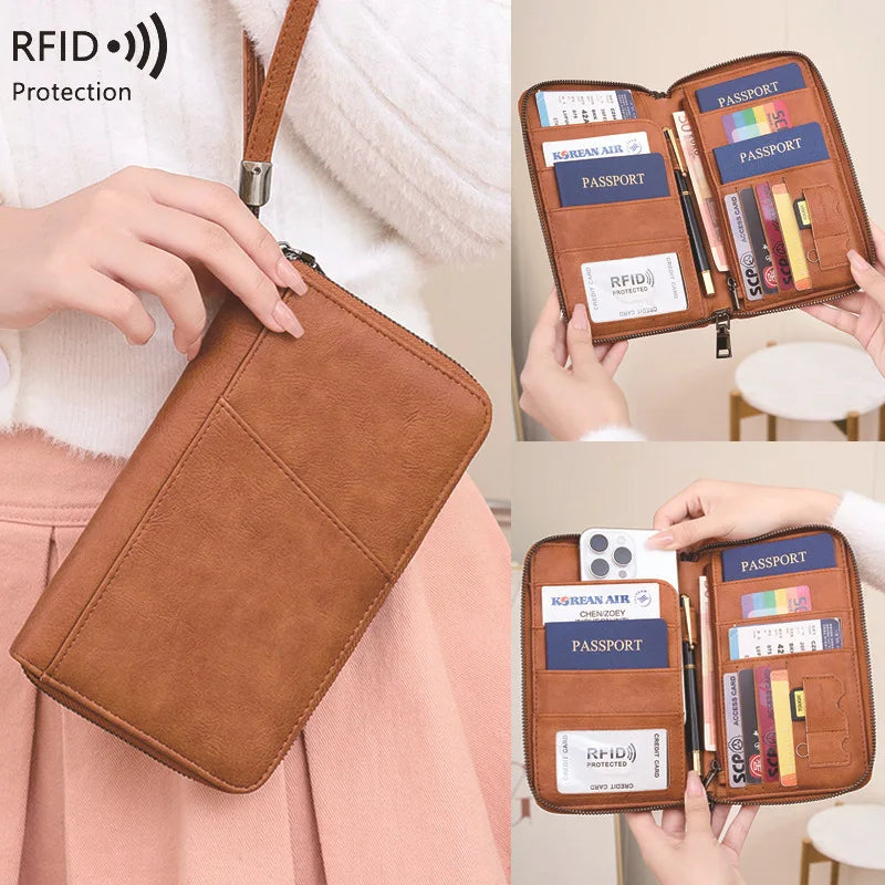 محفظة جواز السفر الجديدة للنساء والرجال متعددة الوظائف من جلد البولي يوريثان RFID لمكافحة سرقة البطاقات أكياس تخزين