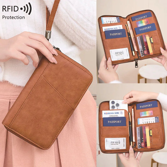 محفظة جواز السفر الجديدة للنساء والرجال متعددة الوظائف من جلد البولي يوريثان RFID لمكافحة سرقة البطاقات أكياس تخزين