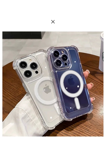 غطاء فاخر شفاف مزود بحلقة مغناطيسية للشحن اللاسلكي متوافق مع MagSafe، متوافق مع iPhone 11، 12، 13، 14، 15، 16 Pro Max Plus – واقٍ للصدمات بحواف معززة