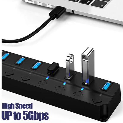 محول طاقة USB 3.0 موزع متعدد المنافذ 4/7 منفذ هاب USB 2.0 موسع متعدد مع مفتاح وكابل 30 سم محطة إرساء