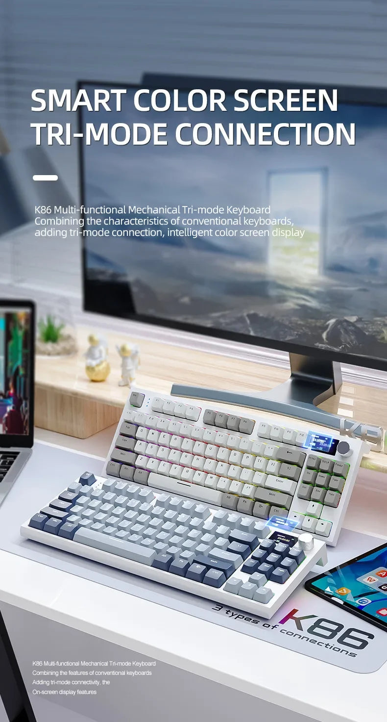 لوحة مفاتيح ميكانيكية Attack Shark K86 بمقبض معدني، شاشة TFT، تبديل سريع، إضاءة RGB، بلوتوث/لاسلكي، لوحة مفاتيح ألعاب بوظائف الماكرو