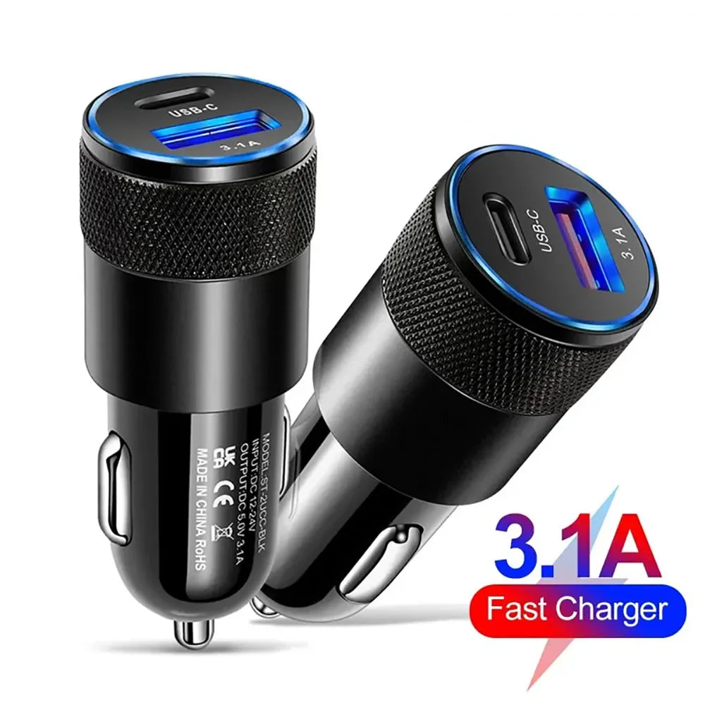 شاحن سيارة سريع USB-C بقوة 3.1 أمبير - متوافق مع آيفون وشاومي وهواوي