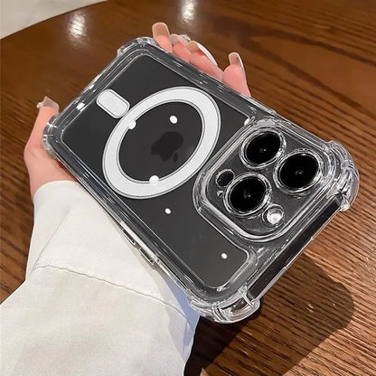 غطاء فاخر شفاف مزود بحلقة مغناطيسية للشحن اللاسلكي متوافق مع MagSafe، متوافق مع iPhone 11، 12، 13، 14، 15، 16 Pro Max Plus – واقٍ للصدمات بحواف معززة