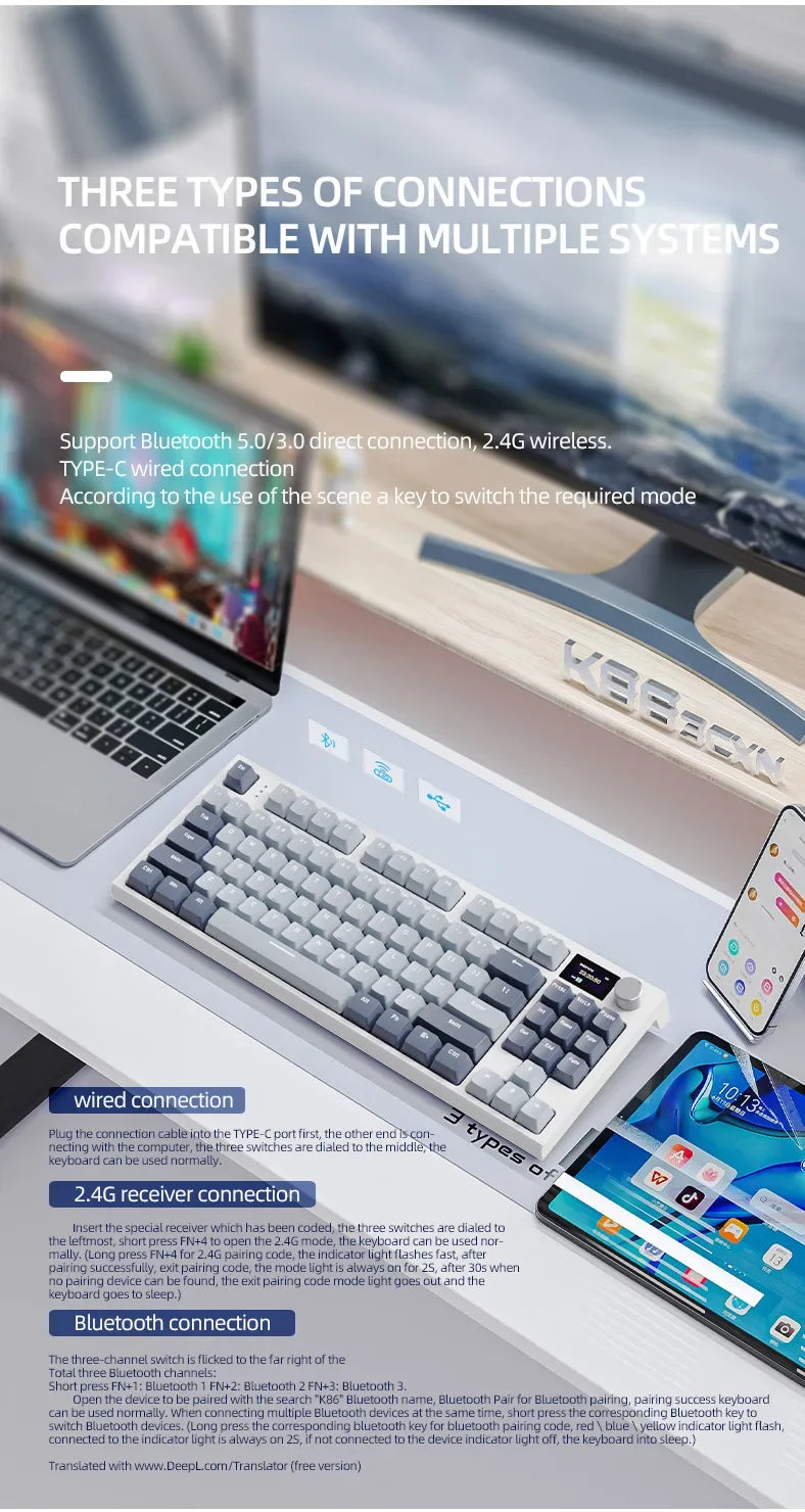 لوحة مفاتيح ميكانيكية Attack Shark K86 بمقبض معدني، شاشة TFT، تبديل سريع، إضاءة RGB، بلوتوث/لاسلكي، لوحة مفاتيح ألعاب بوظائف الماكرو