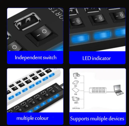 محول طاقة USB 3.0 موزع متعدد المنافذ 4/7 منفذ هاب USB 2.0 موسع متعدد مع مفتاح وكابل 30 سم محطة إرساء