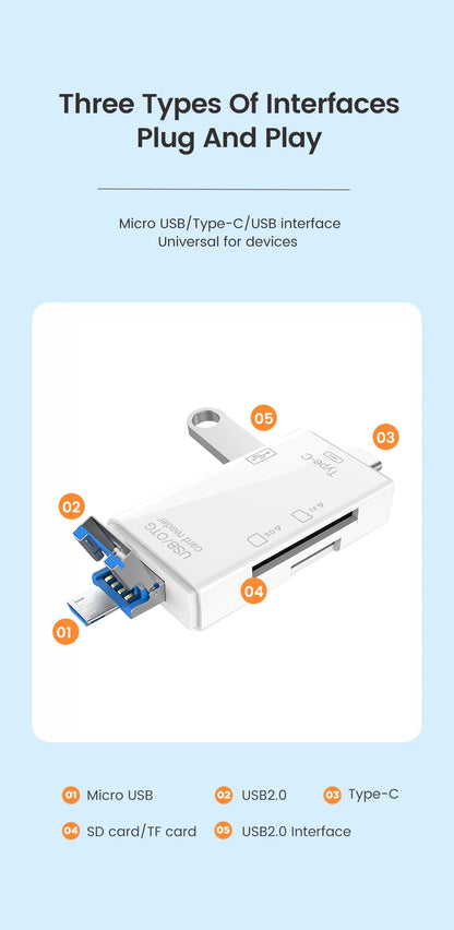 قارئ بطاقات الذاكرة متعددة الوظائف 6 في 1 OTG قارئ بطاقات SD USB2.0 Type-C/TF/SD محول ذكي لبطاقات الذاكرة