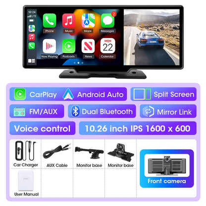 كاميرا تسجيل السيارة 4K بشاشة 10/11.26 بوصة مع كاربلاي لاسلكي وأندرويد أوتو ونظام ملاحة GPS ومسجل فيديو لوحة القيادة بعدستين مزدوجتين مع واي فاي وFM وAUX