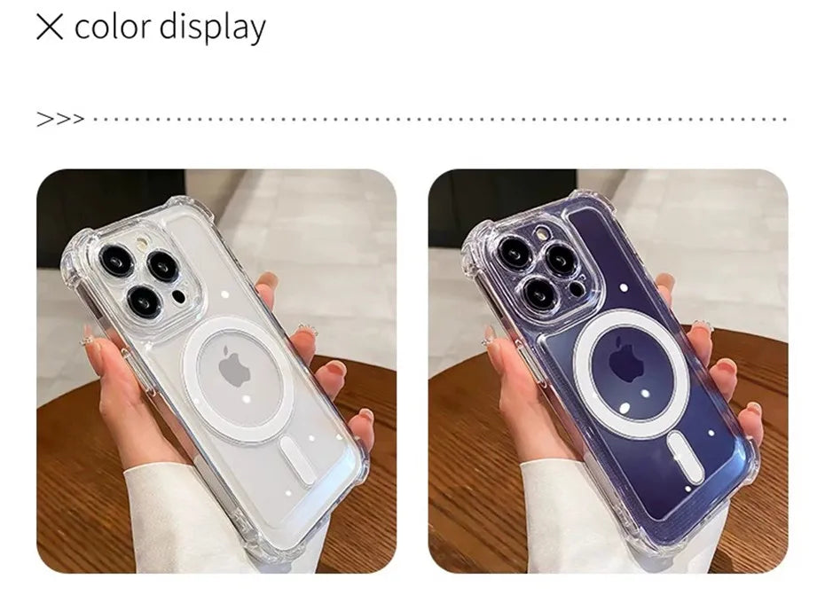 غطاء فاخر شفاف مزود بحلقة مغناطيسية للشحن اللاسلكي متوافق مع MagSafe، متوافق مع iPhone 11، 12، 13، 14، 15، 16 Pro Max Plus – واقٍ للصدمات بحواف معززة