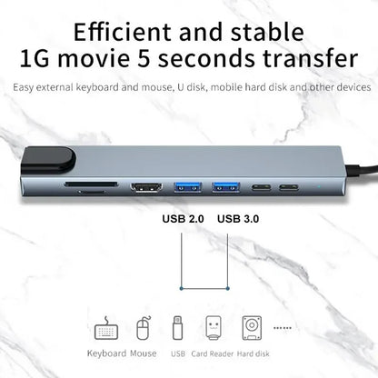 محول USB 8 في 1 من النوع C 3.1 إلى 4K HDTV مع قارئ بطاقات SD/TF وRJ45 وشحن سريع PD لأجهزة MacBook والكمبيوتر المحمول