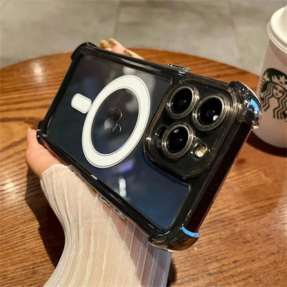 غطاء فاخر شفاف مزود بحلقة مغناطيسية للشحن اللاسلكي متوافق مع MagSafe، متوافق مع iPhone 11، 12، 13، 14، 15، 16 Pro Max Plus – واقٍ للصدمات بحواف معززة