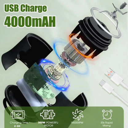 خلاط عصائر محمول 180 واط - كوب عصير مزدوج الاستخدام بطارية USB 4000 مللي أمبير للاستخدام الخارجي مع 4 شفرات لعصائر الفواكه الطازجة والسموذي
