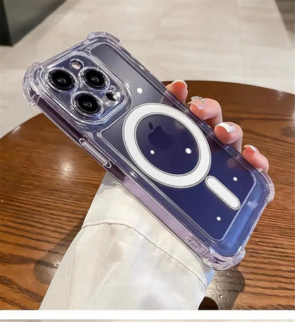 غطاء فاخر شفاف مزود بحلقة مغناطيسية للشحن اللاسلكي متوافق مع MagSafe، متوافق مع iPhone 11، 12، 13، 14، 15، 16 Pro Max Plus – واقٍ للصدمات بحواف معززة