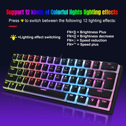 لوحة مفاتيح ألعاب سلكية 60% - إضاءة خلفية RGB - لوحة مفاتيح مدمجة فائقة الصغر - مقاومة للماء - 61 مفتاح صغير ومدمج للاعبين PC/Mac