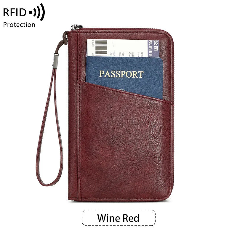 محفظة جواز السفر الجديدة للنساء والرجال متعددة الوظائف من جلد البولي يوريثان RFID لمكافحة سرقة البطاقات أكياس تخزين