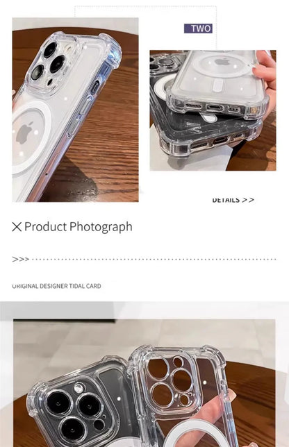 غطاء فاخر شفاف مزود بحلقة مغناطيسية للشحن اللاسلكي متوافق مع MagSafe، متوافق مع iPhone 11، 12، 13، 14، 15، 16 Pro Max Plus – واقٍ للصدمات بحواف معززة