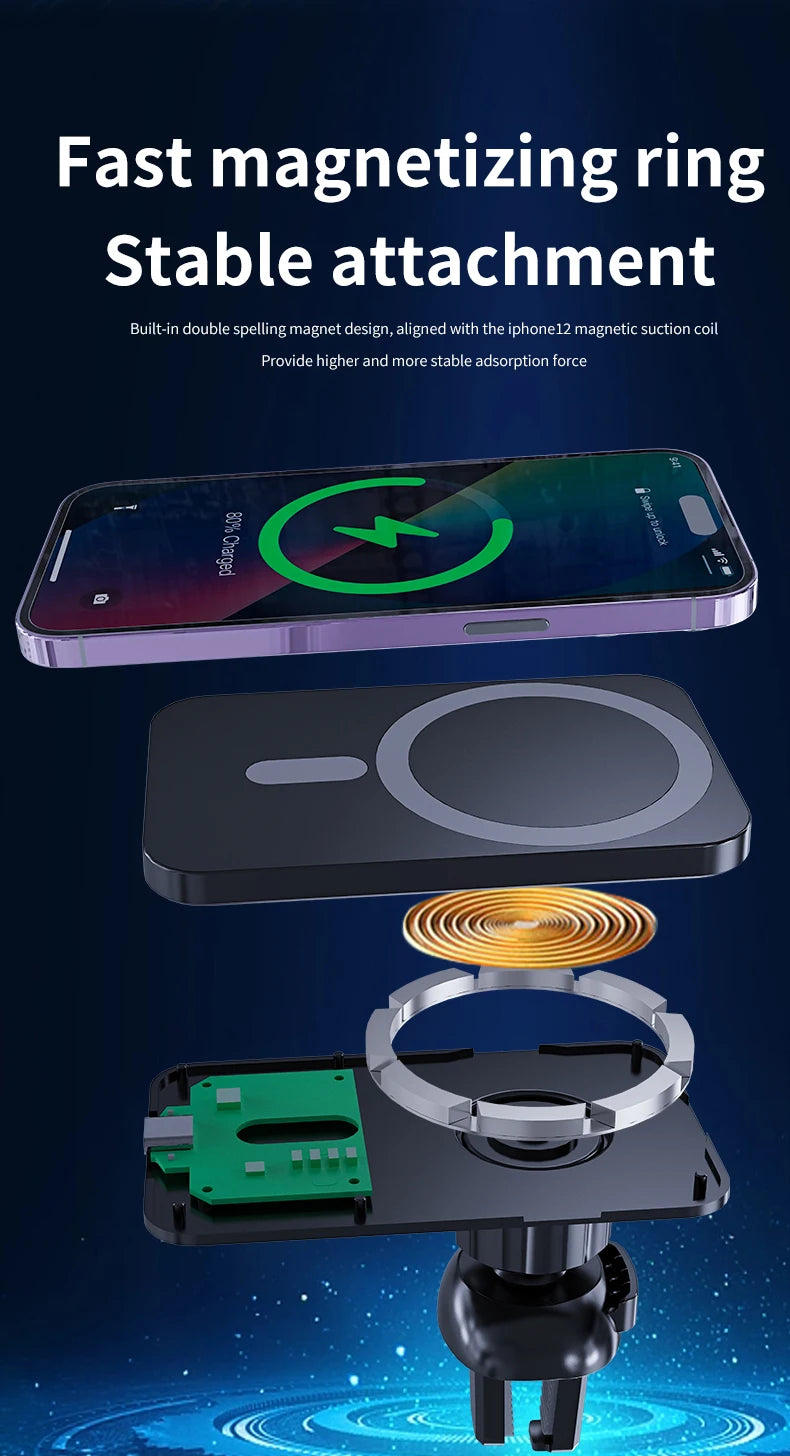 شاحن سيارة لاسلكي مغناطيسي 30 واط متوافق مع MagSafe لهواتف iPhone 16 15 14 13 Pro Max وXiaomi وSamsung مع حامل هاتف بمشبك فتحة التهوية