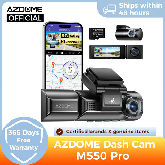 كاميرا سيارة AZDOME M550 Pro بتقنية WiFi 5.8 جيجاهرتز - قناتين/3 قنوات - دقة 4K+1080P مع GPS مدمج - شاشة IPS 3.19 بوصة - رؤية ليلية بالأشعة تحت الحمراء - وضع المراقبة 24 ساعة