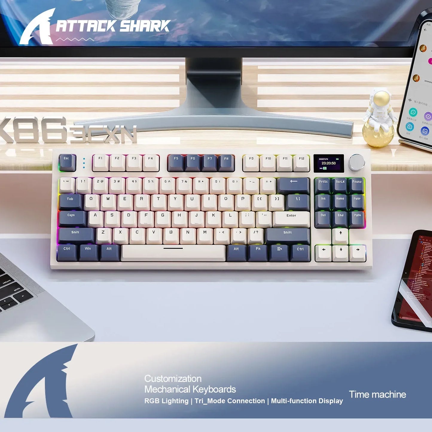 لوحة مفاتيح ميكانيكية Attack Shark K86 بمقبض معدني، شاشة TFT، تبديل سريع، إضاءة RGB، بلوتوث/لاسلكي، لوحة مفاتيح ألعاب بوظائف الماكرو