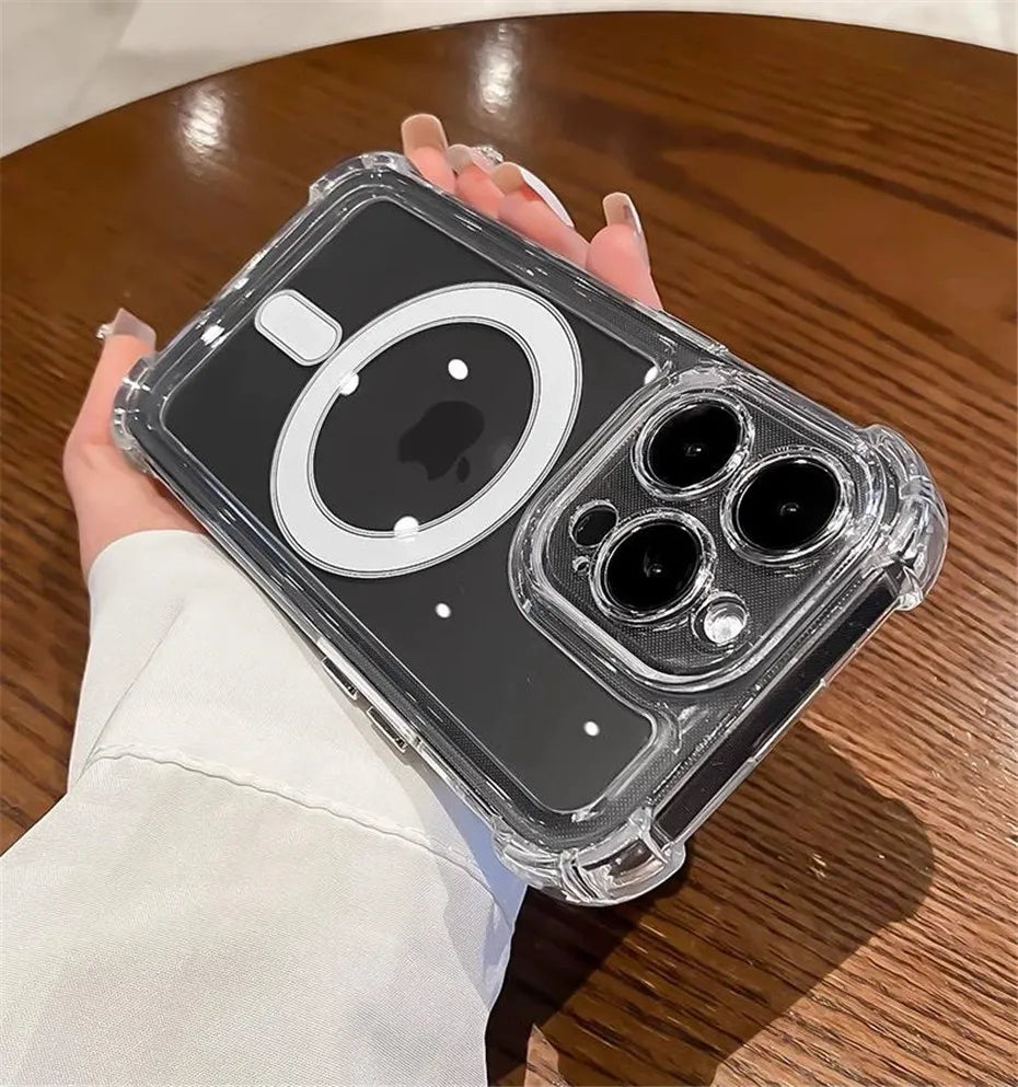 غطاء فاخر شفاف مزود بحلقة مغناطيسية للشحن اللاسلكي متوافق مع MagSafe، متوافق مع iPhone 11، 12، 13، 14، 15، 16 Pro Max Plus – واقٍ للصدمات بحواف معززة