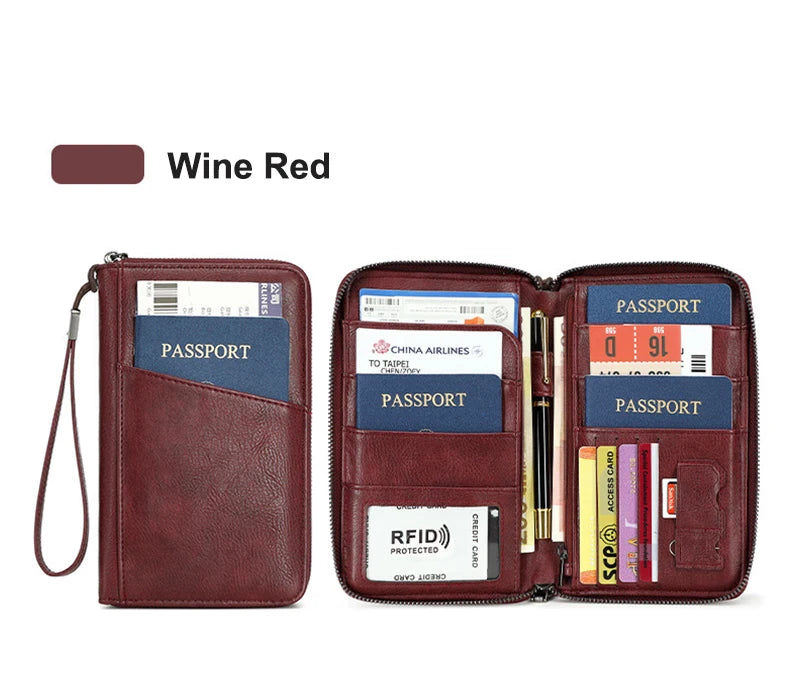 محفظة جواز السفر الجديدة للنساء والرجال متعددة الوظائف من جلد البولي يوريثان RFID لمكافحة سرقة البطاقات أكياس تخزين