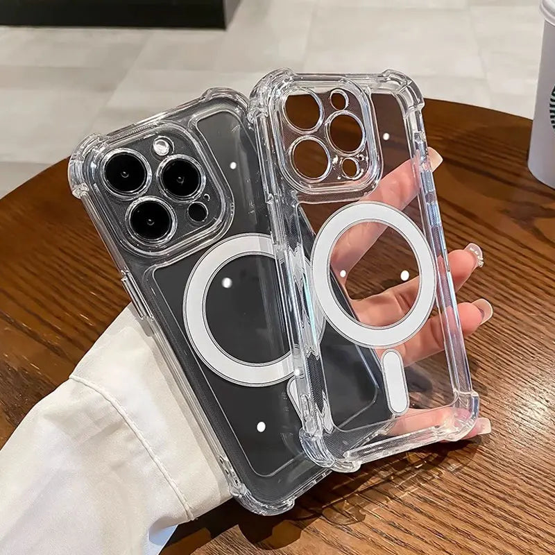 غطاء فاخر شفاف مزود بحلقة مغناطيسية للشحن اللاسلكي متوافق مع MagSafe، متوافق مع iPhone 11، 12، 13، 14، 15، 16 Pro Max Plus – واقٍ للصدمات بحواف معززة