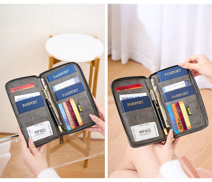 محفظة جواز السفر الجديدة للنساء والرجال متعددة الوظائف من جلد البولي يوريثان RFID لمكافحة سرقة البطاقات أكياس تخزين