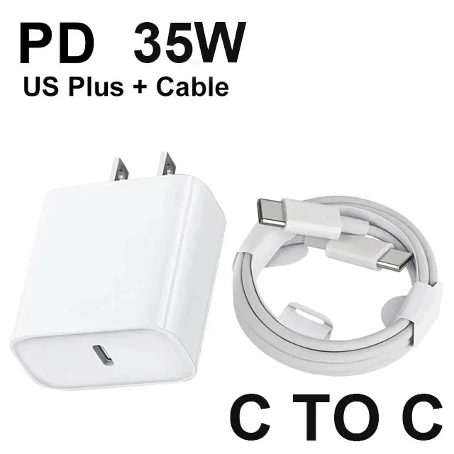 شاحن أصلي سريع PD 35 وات EU US لآيفون 16 15 14 13 11 12 برو ماكس بلس XS XR X مع كابل USB C شحن سريع تايب سي