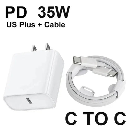 شاحن أصلي سريع PD 35 وات EU US لآيفون 16 15 14 13 11 12 برو ماكس بلس XS XR X مع كابل USB C شحن سريع تايب سي