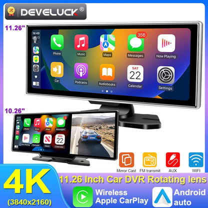 كاميرا تسجيل السيارة 4K بشاشة 10/11.26 بوصة مع كاربلاي لاسلكي وأندرويد أوتو ونظام ملاحة GPS ومسجل فيديو لوحة القيادة بعدستين مزدوجتين مع واي فاي وFM وAUX