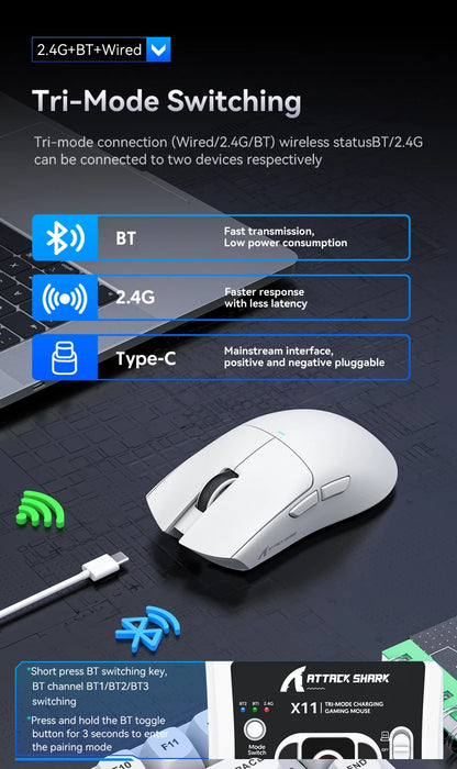 فأرة أتاك شارك X11 اللاسلكية، اتصال ثلاثي الأوضاع 2.4GHz/سلكي/بلوتوث PAW3311 22000DPI 400IPS RGB فأرة ألعاب للكمبيوتر