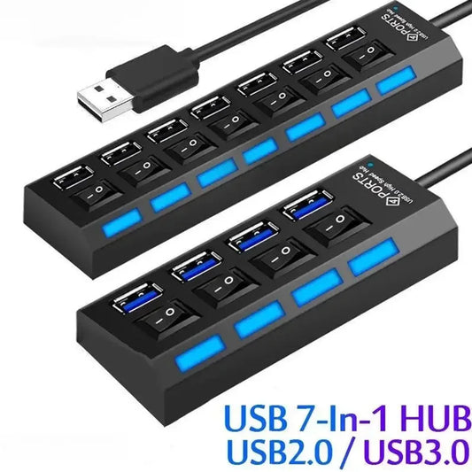 موزع USB محور توسيع 7 منافذ USB2.0 للكمبيوتر - جهاز تقسيم USB واحد إلى سبعة منافذ للكمبيوتر المحمول وسطح المكتب